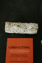 Load image into Gallery viewer, A white sage smudge bundle wrapped in white cord sits above an orange instruction card titled 'CORD CUTTING' on a dark background.
